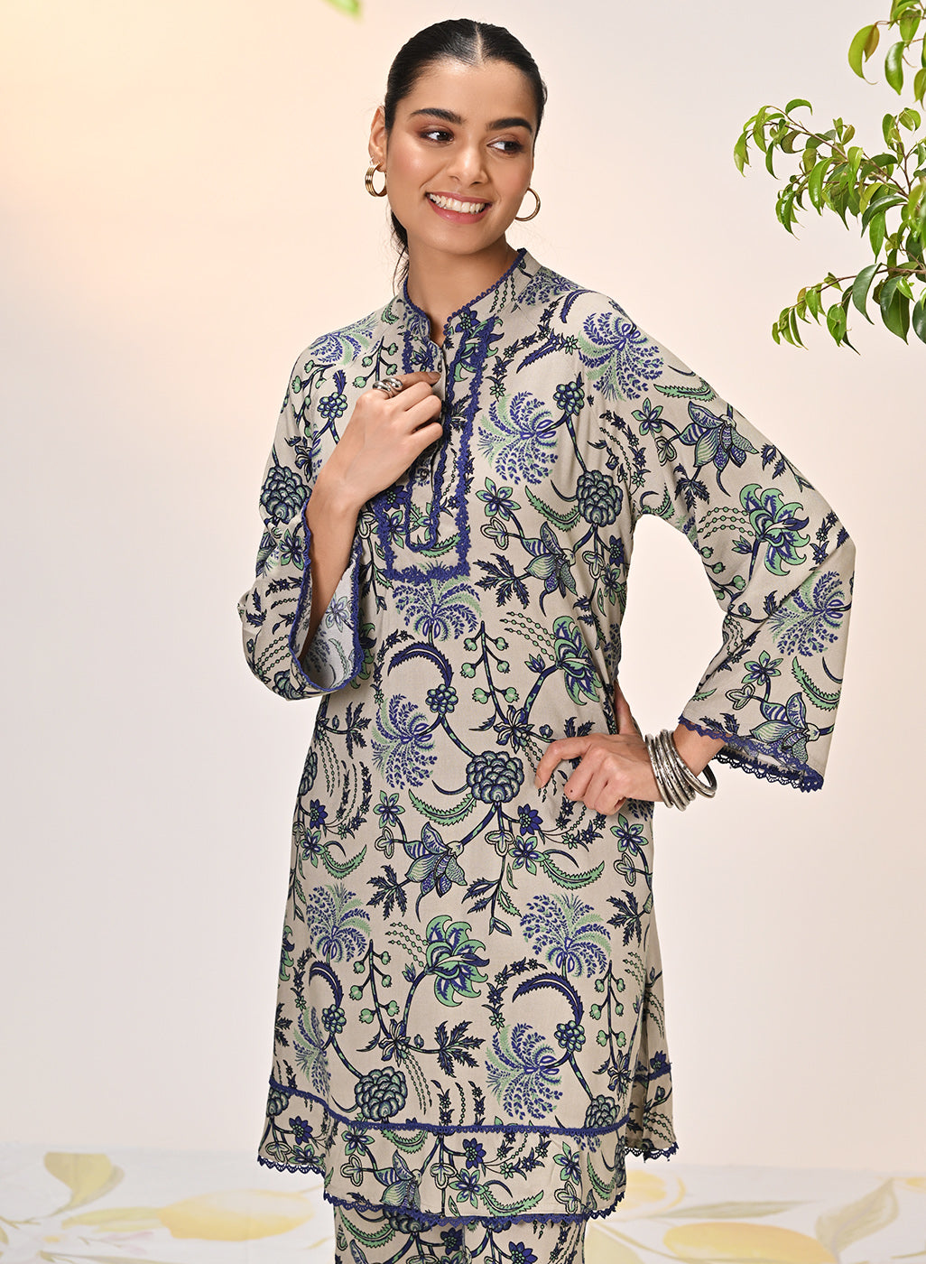Ramsha Beige with Blue Printed Viscose Rayon Co-ord Set for Women
