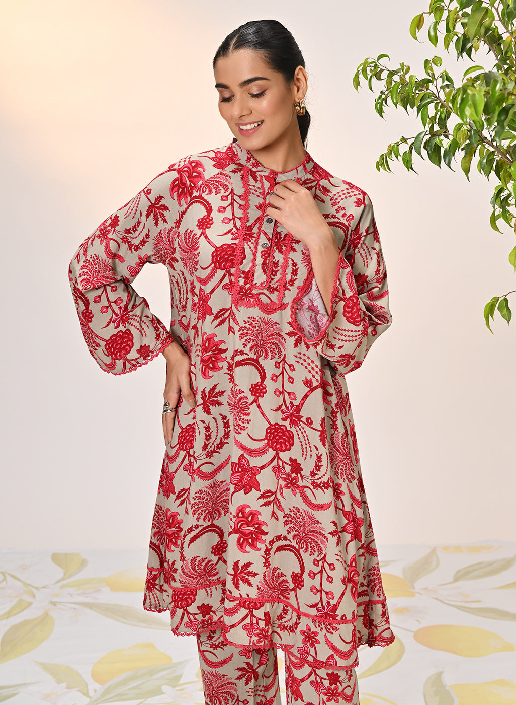 Ramsha Beige with Red Printed Viscose Rayon Co-ord Set for Women