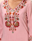 Kamali Oyster Pink Embroidered Cotton Linen Slub Designer Kurta Set for Women