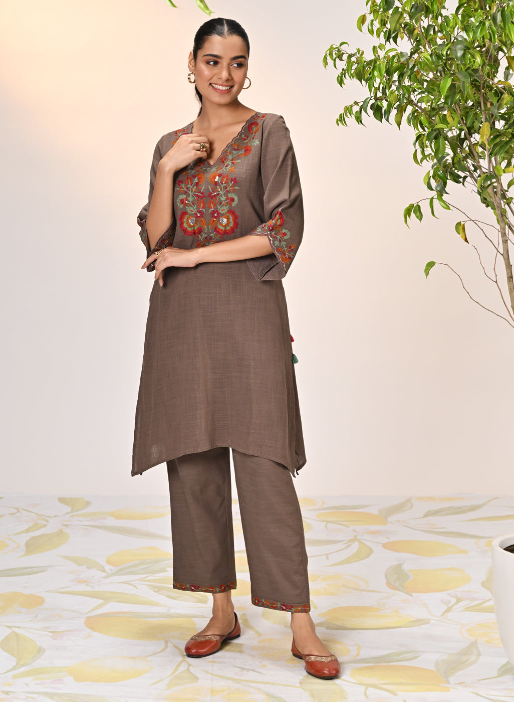 Kamali Umber Embroidered Cotton Linen Slub Designer Kurta Set for Women