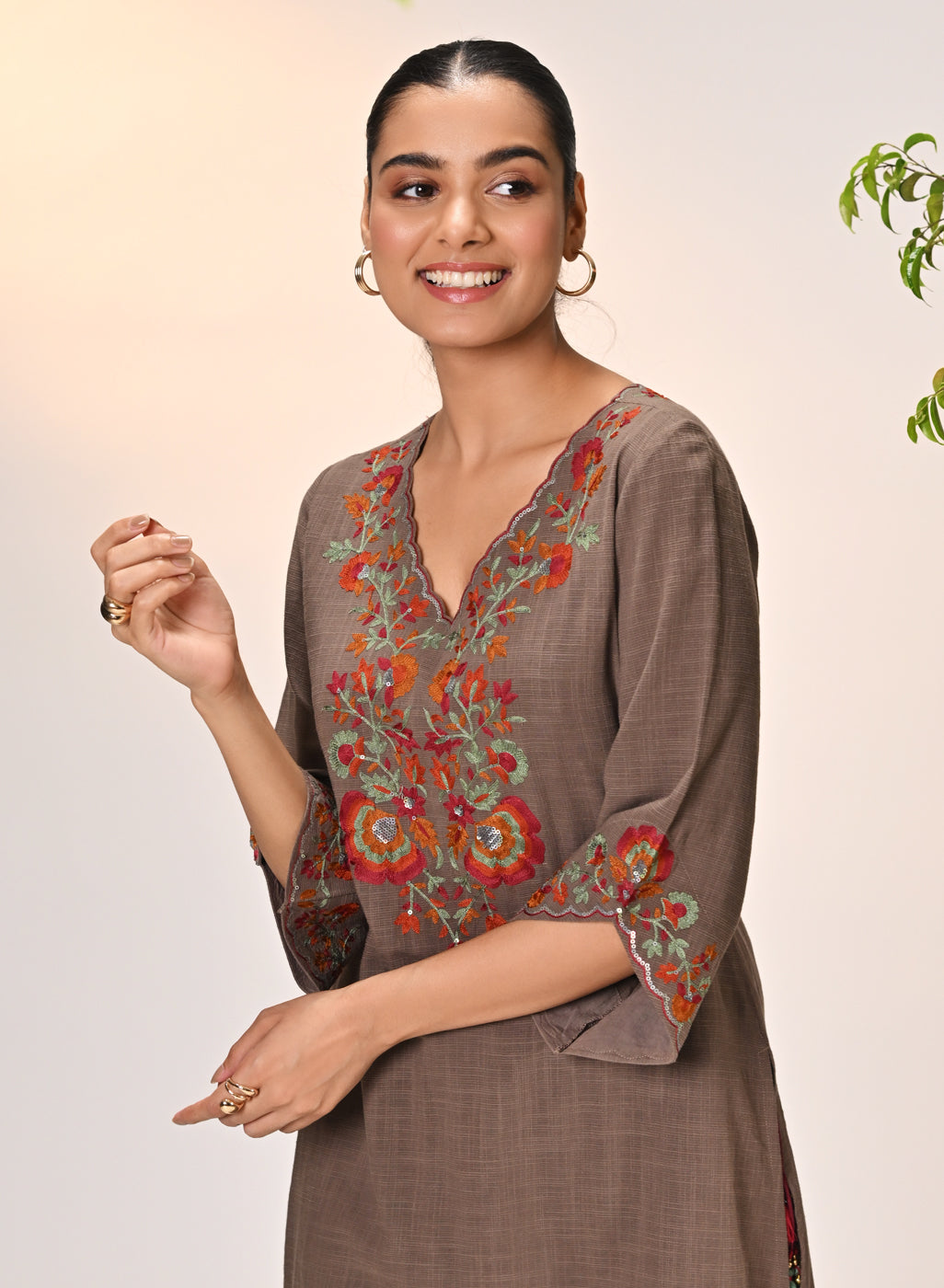 Kamali Umber Embroidered Cotton Linen Slub Designer Kurta Set for Women