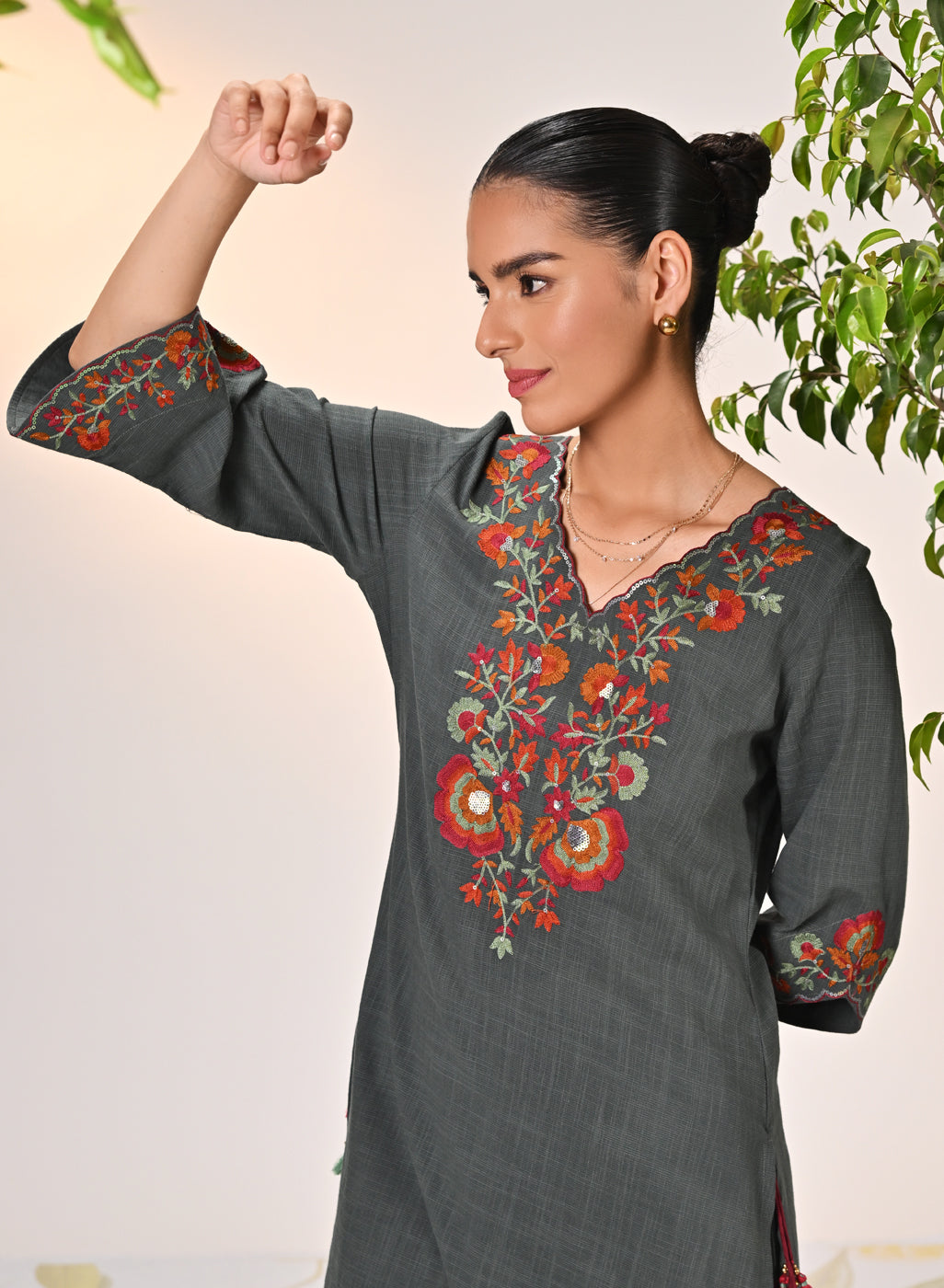 Kamali Iron Grey Embroidered Cotton Linen Slub Designer Kurta Set for Women