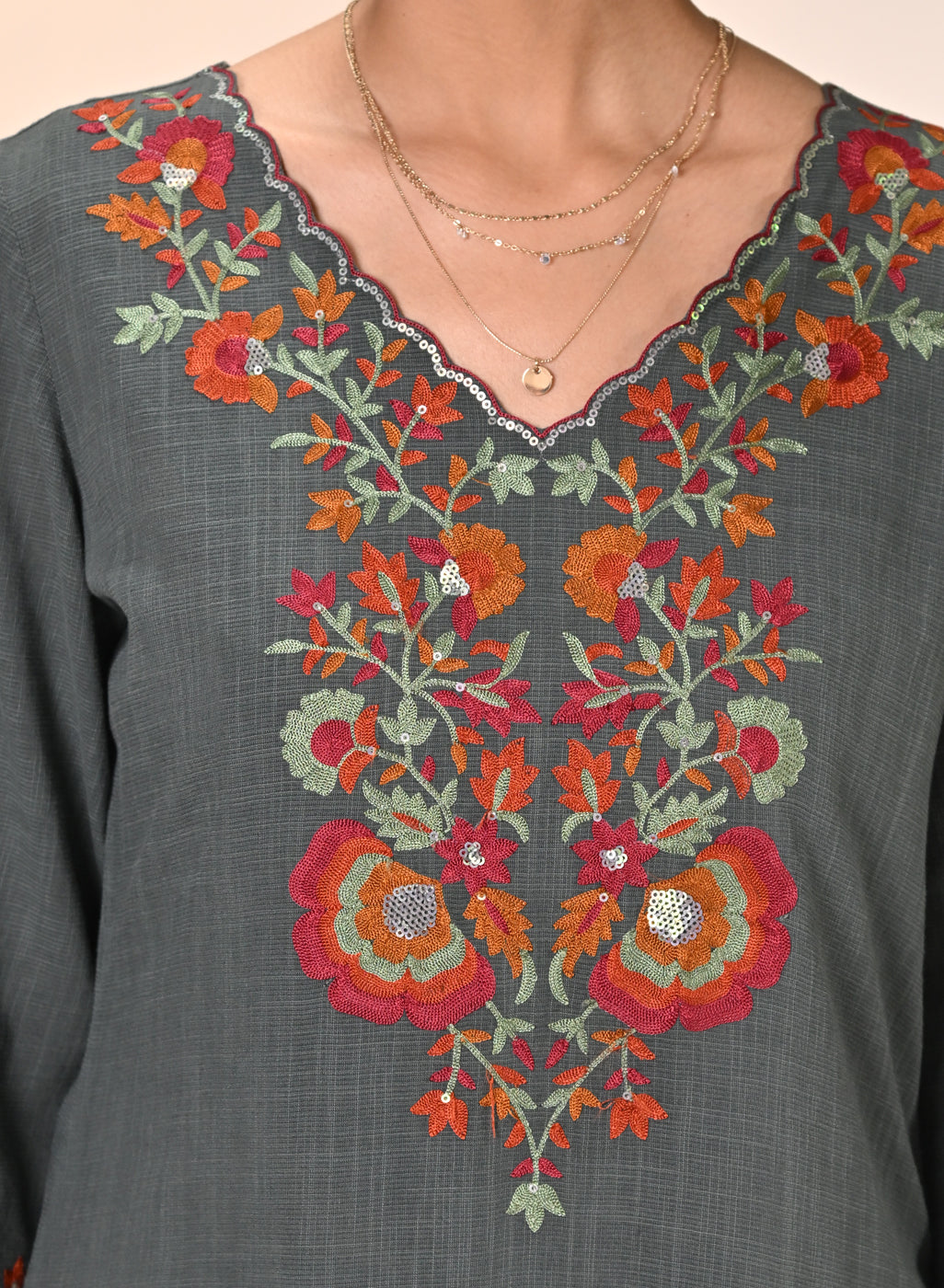 Kamali Iron Grey Embroidered Cotton Linen Slub Designer Kurta Set for Women