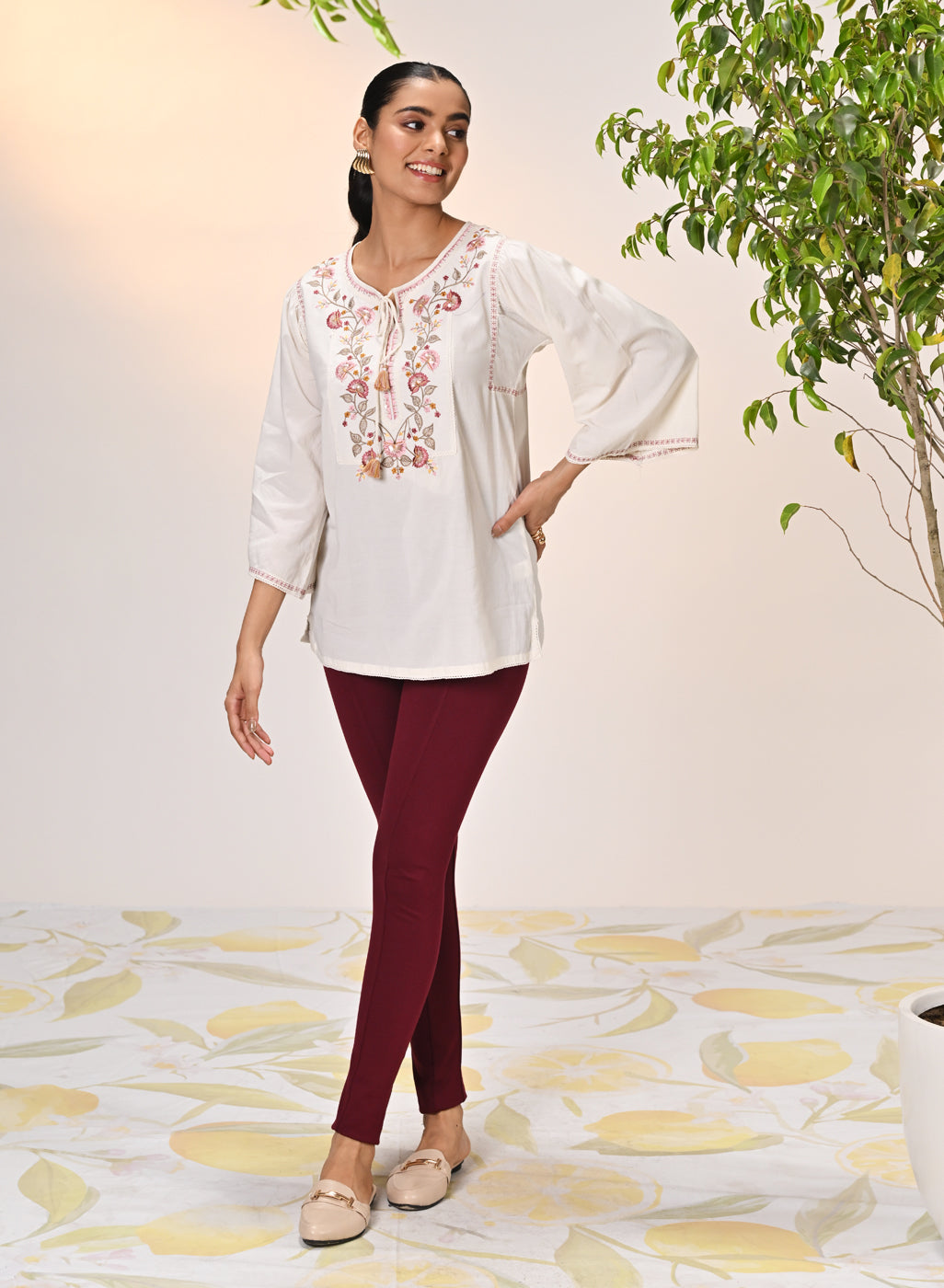 Elnaz Ivory Embroidered Top for Women