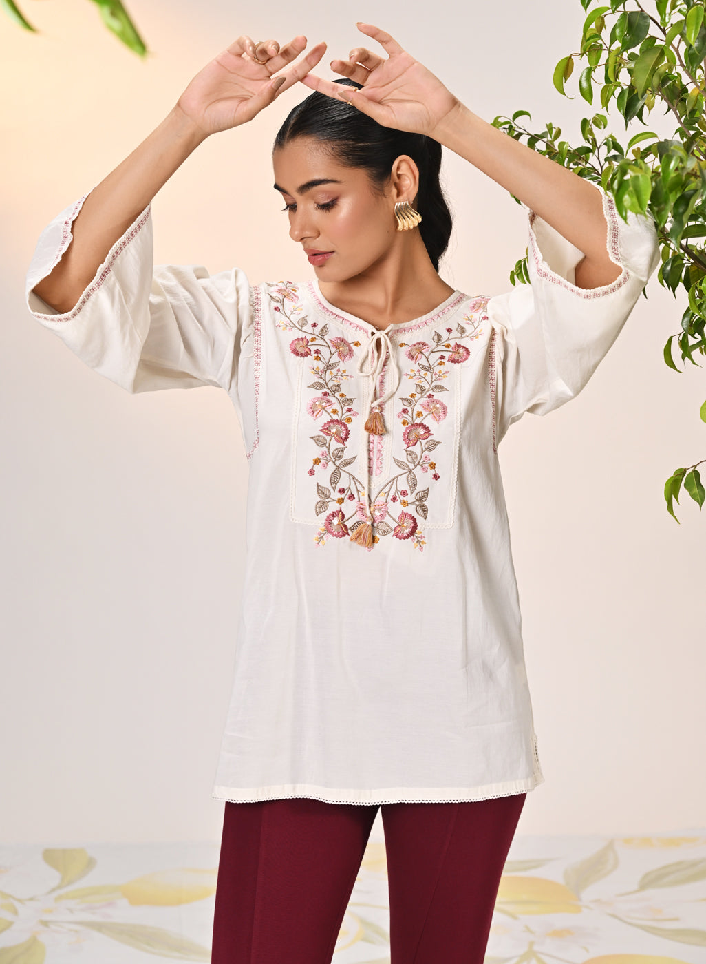 Elnaz Ivory Embroidered Top for Women