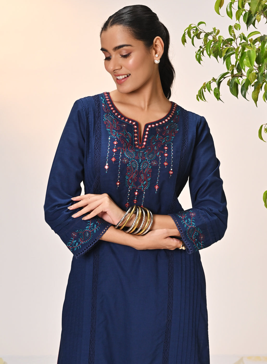 Zayna Navy Blue Embroidered Cotton Linen Designer Kurta for Women