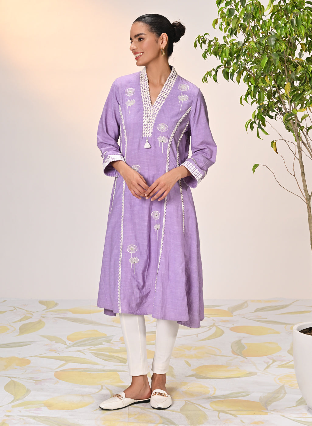 Zainab Mauve Embroidered Cotton Linen Indo-western Dress for Women