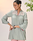 Rifa Basil Green Embroidered Crinkled Crepe Top for Women