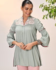 Rifa Basil Green Embroidered Crinkled Crepe Top for Women
