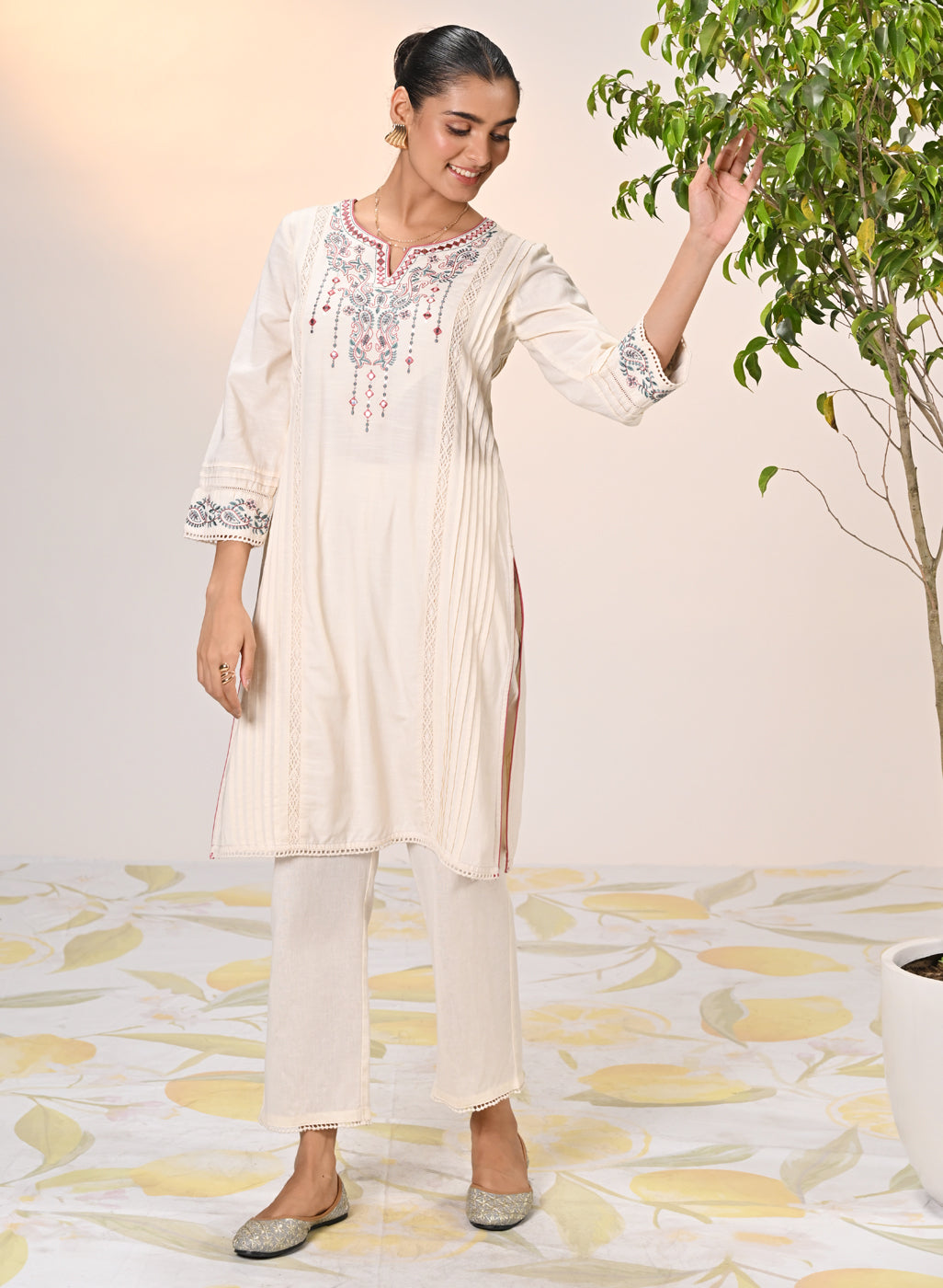 Zayna Ivory Embroidered Cotton Linen Designer Kurta for Women