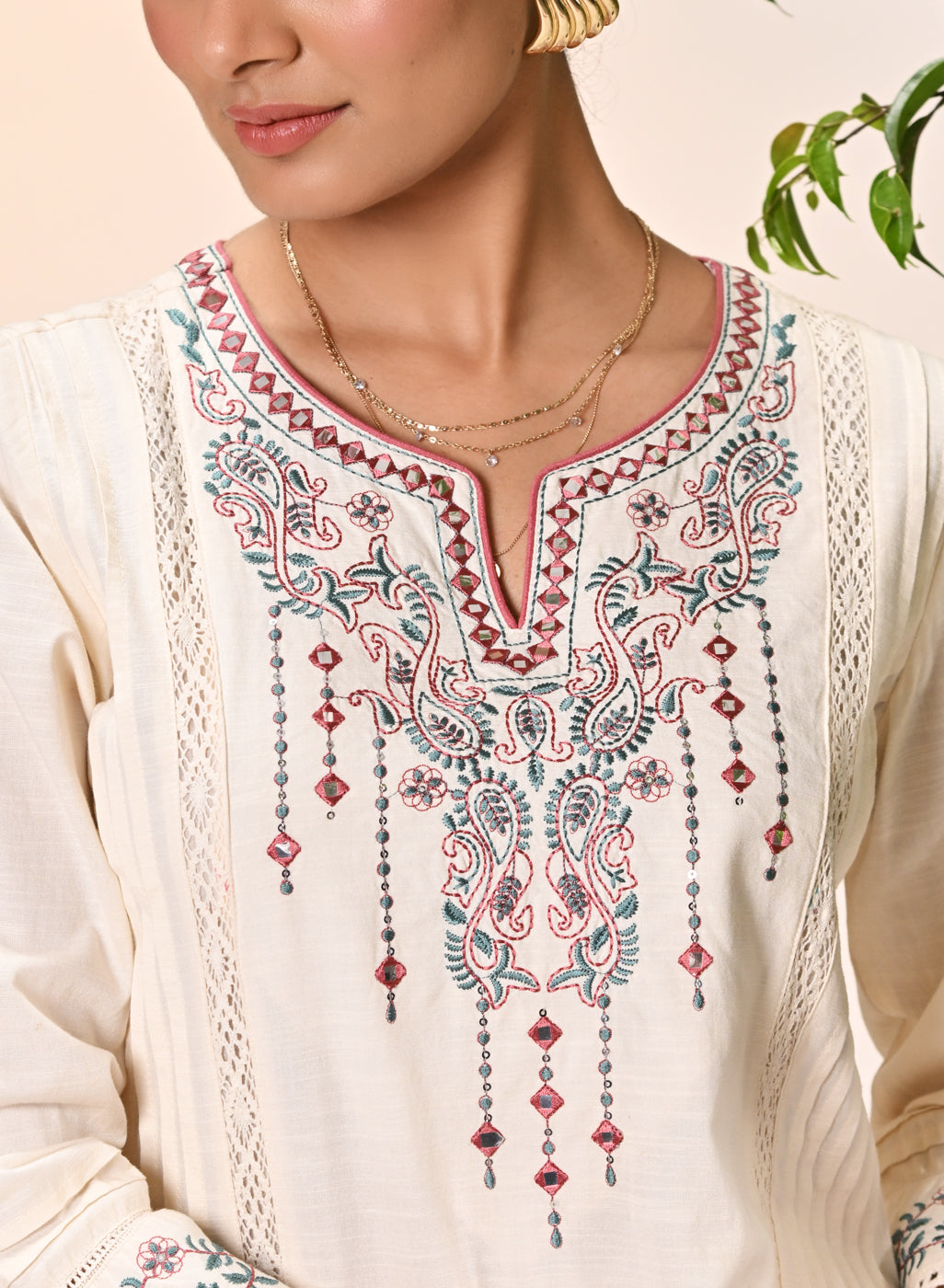 Zayna Ivory Embroidered Cotton Linen Designer Kurta for Women