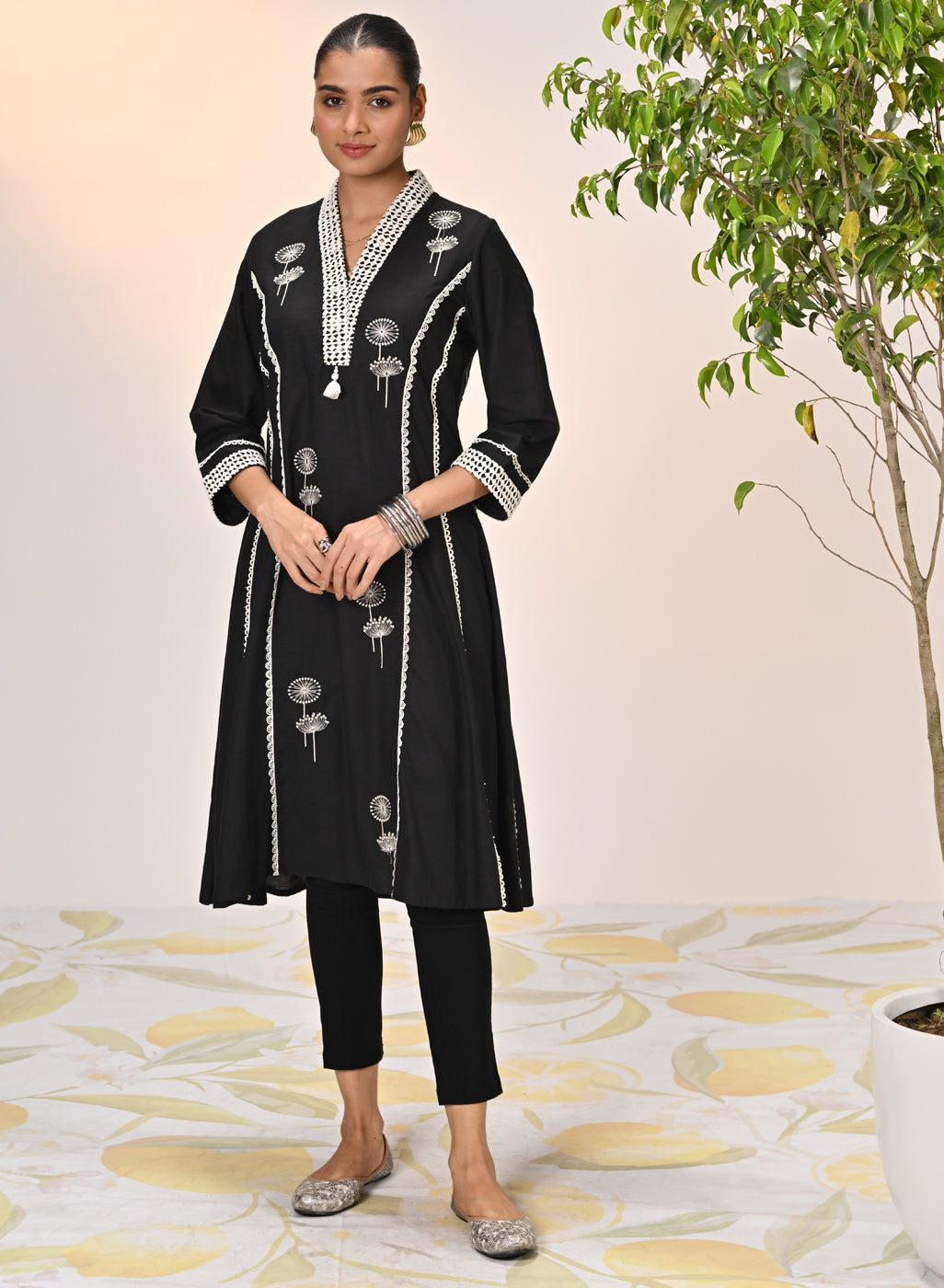 Zainab Black Embroidered Cotton Linen Indo-western Dress for Women