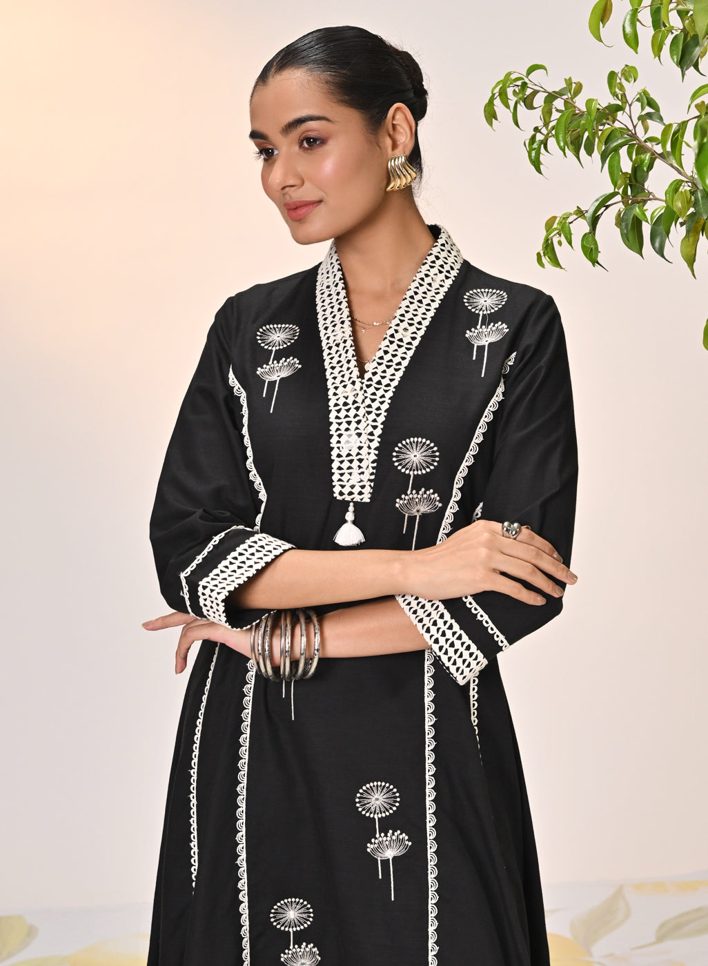 Zainab Black Embroidered Cotton Linen Indo-western Dress for Women