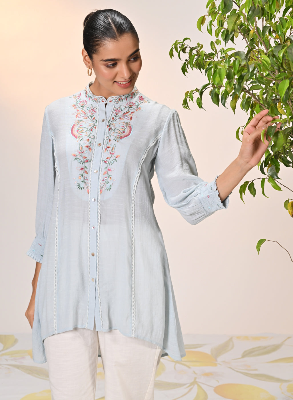 Maha Powder Blue Embroidered Crinkled Crepe Shirt for Women