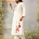 Full-length view of Ulfat Pearl Ivory Kurta Set featuring pink rose embroidery along the edge and soft cotton linen fabric.