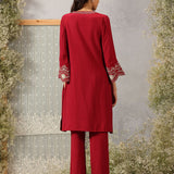 Mrunal Carmine Maroon Embroidered Cotton Viscose Crinckled Long Co-ord set for Women