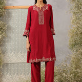 Mrunal Carmine Maroon Embroidered Cotton Viscose Crinckled Long Co-ord set for Women
