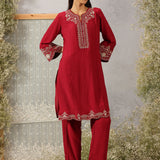 Mrunal Carmine Maroon Embroidered Cotton Viscose Crinckled Long Co-ord set for Women