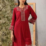 Mrunal Carmine Maroon Embroidered Cotton Viscose Crinckled Long Co-ord set for Women