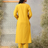 Back view of Lakshita Ulfat Sunflower Yellow Kurta Set showing plain cotton linen fabric with solid colour and straight cut.