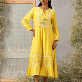 Nairang Buttercup Yellow Embroidered Crinckled Viscose Dress for Women