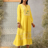Nairang Buttercup Yellow Embroidered Crinckled Viscose Dress for Women