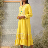 Nairang Buttercup Yellow Embroidered Crinckled Viscose Dress for Women