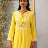 Nairang Buttercup Yellow Embroidered Crinckled Viscose Dress for Women