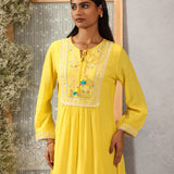 Nairang Buttercup Yellow Embroidered Crinckled Viscose Dress for Women