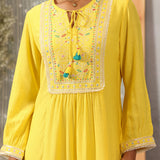 Nairang Buttercup Yellow Embroidered Crinckled Viscose Dress for Women