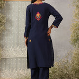 Mohra Dark Blue Embroidered Viscose Satin Mid Co-ord Set for Women