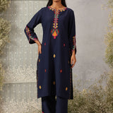Mohra Dark Blue Embroidered Viscose Satin Mid Co-ord Set for Women