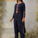 Mohra Dark Blue Embroidered Viscose Satin Mid Co-ord Set for Women