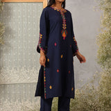 Mohra Dark Blue Embroidered Viscose Satin Mid Co-ord Set for Women