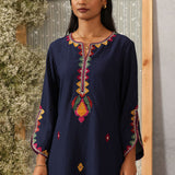 Mohra Dark Blue Embroidered Viscose Satin Mid Co-ord Set for Women