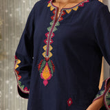 Mohra Dark Blue Embroidered Viscose Satin Mid Co-ord Set for Women