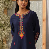 Mohra Dark Blue Embroidered Viscose Satin Mid Co-ord Set for Women