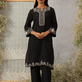 Mrunal Midnight Black Embroidered Cotton Viscose Crinckled Co-ord set for Women