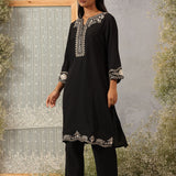 Mrunal Midnight Black Embroidered Cotton Viscose Crinckled Co-ord set for Women