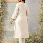 Back view of Ulfat Pearl Ivory Kurta Set showcasing clean, solid cotton linen fabric with no embroidery for a minimal look.
