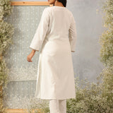 Back view of Ulfat Pearl Ivory Kurta Set showcasing clean, solid cotton linen fabric with no embroidery for a minimal look.