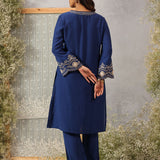 Mrunal Blue Embroidered Cotton Viscose Crinckled Long Co-ord set for Women