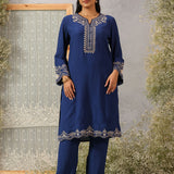 Mrunal Blue Embroidered Cotton Viscose Crinckled Long Co-ord set for Women