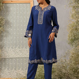 Mrunal Blue Embroidered Cotton Viscose Crinckled Long Co-ord set for Women