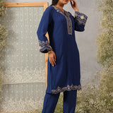 Mrunal Blue Embroidered Cotton Viscose Crinckled Long Co-ord set for Women