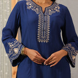 Mrunal Blue Embroidered Cotton Viscose Crinckled Long Co-ord set for Women