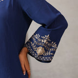 Mrunal Blue Embroidered Cotton Viscose Crinckled Long Co-ord set for Women