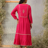 Nairang Fuchsia Embroidered Crinckled Viscose Dress for Women