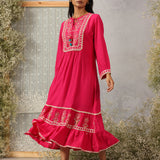 Nairang Fuchsia Embroidered Crinckled Viscose Dress for Women