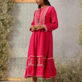 Nairang Fuchsia Embroidered Crinckled Viscose Dress for Women